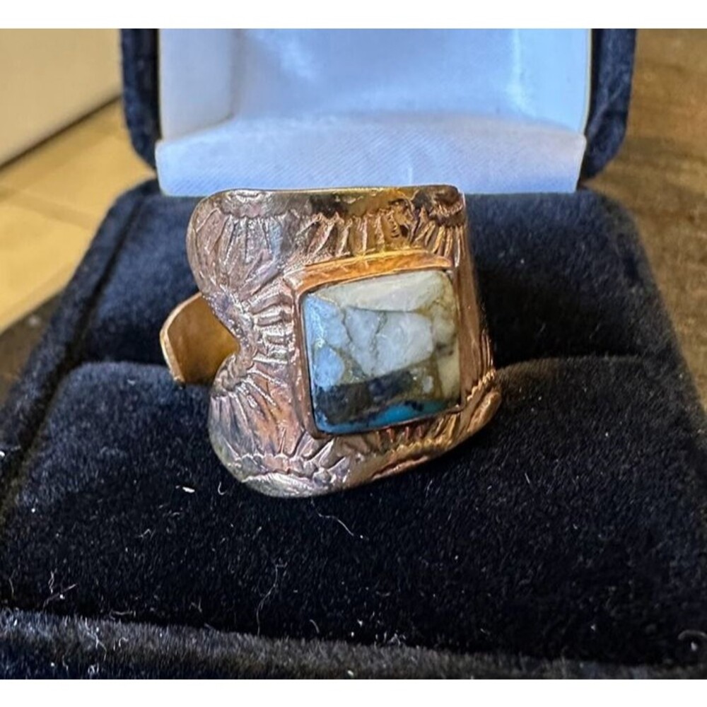 Square Turquoise Pure Copper Bypass Ring Size 8